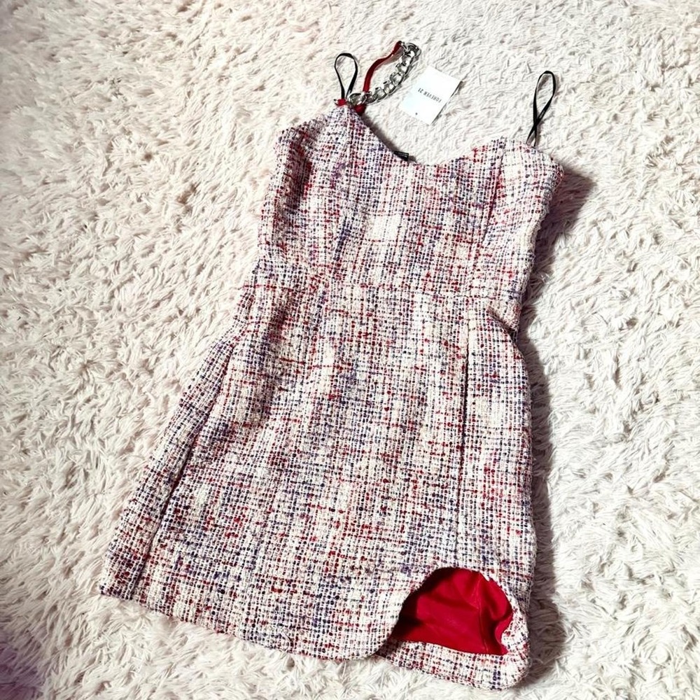 Asymmetrical One Shoulder Cutout Chain Strap Tweed Preppy Mini Dress Womens S